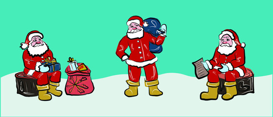 New Year, Christmas.Elements for greeting cards and posters. Santa Claus reads the letter, collects gifts, carries a bag with gifts. Colorful characters for the occasion. Isolated vector objects.