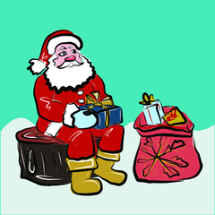 New Year, Christmas.Elements for greeting cards and posters. Santa Claus reads the letter, collects gifts, carries a bag with gifts. Colorful characters for the occasion. Isolated vector objects.