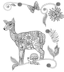 Detailed drawing of deer with flowers and butterfly 