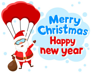 Santa Claus with a bag of gifts and a parachute on a white. Happy New Year and Merry Christmas