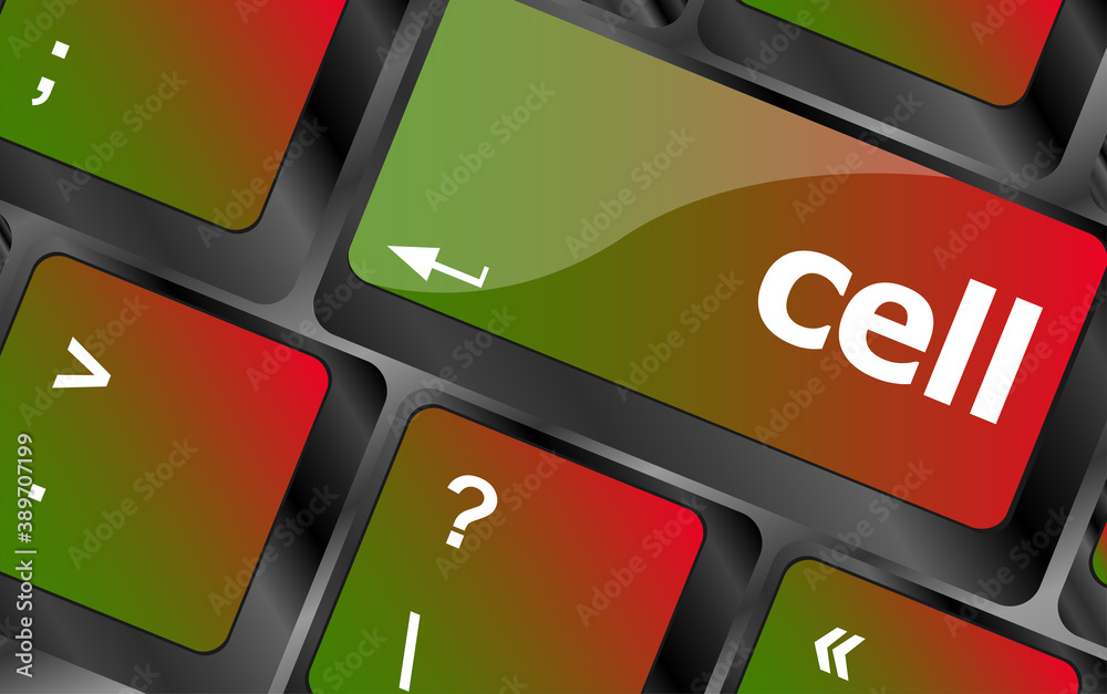 Poster cell word on keyboard key, notebook computer button