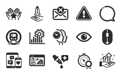 Eye, Analysis graph and Chemistry pipette icons simple set. Metro subway, Social media and Best result signs. Seo statistics, Scroll down and Reject mail symbols. Flat icons set. Vector