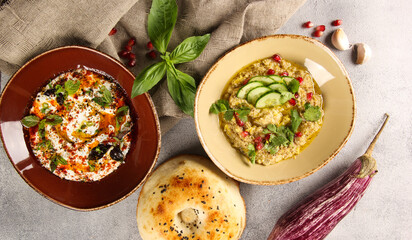 Oriental cuisine. Baba ghanoush. Appetizer of eggplant and chickpeas, seasoned with fresh lemon, olive oil and spices. A mixture of young cheeses with radishes, garlic and herbs. Tandoor tortilla