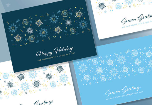 Blue and Gold Christmas Card Layout Set with Snowflake  Illustrations