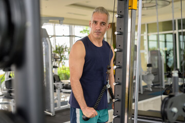 Fototapeta na wymiar Mature handsome Persian man using exercise equipment at the gym