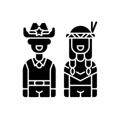 Wild West black glyph icon. American frontier. Native tribes. Indigenous lands. Sheriff, lawman. Indian reservations. Cowboy outlaws. Silhouette symbol on white space. Vector isolated illustration