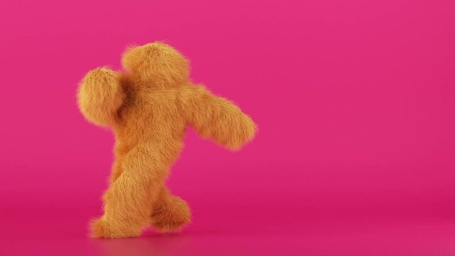 3d cartoon character hairy beast dancing hip hop over pink background, person wearing yellow furry monster costume, funny mascot looping animation, modern minimal seamless motion design