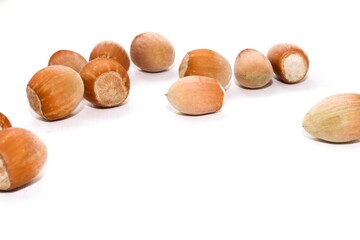 Hazelnuts on a white background. Macro view of whole ripe hazelnuts isolated on white background.