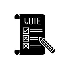 Voting ballot black glyph icon. Collective decision. Participation in democratic process. General election. Making voice heard. Silhouette symbol on white space. Vector isolated illustration