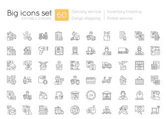 Shipping and delivery linear icons set. Postal services. Logistic industry. Inventory tracking. Customizable thin line contour symbols. Isolated vector outline illustrations. Editable stroke