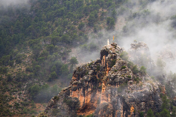 Sanctuary of the Virgin on top of the mountain. Ayna, La Mancha Switzerland the famous town of Albacete belonging to Castilla-La Mancha,