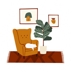 Stylish boho interior with comfy armchair, home plants and cat. Cozy living room in boho style. Flat colorful vector illustration