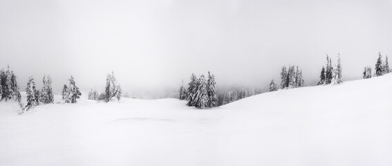Panorama of a mountain plateau covered with snow. Panorama from multiple shots.