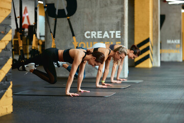 Suspension workout. Full length of three young athletic women exercising with trx fitness straps at gym