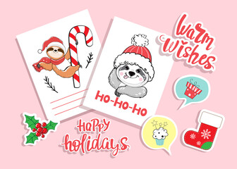 Christmas and New Year cards set with funny sloth bears. Vector cartoon illustration for winter holidays. Fashion patch badges