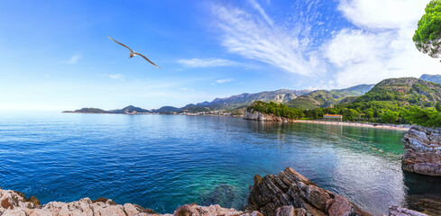 Wonderful view of the coast of Budva near the Sveti Stefan island, Montenegro