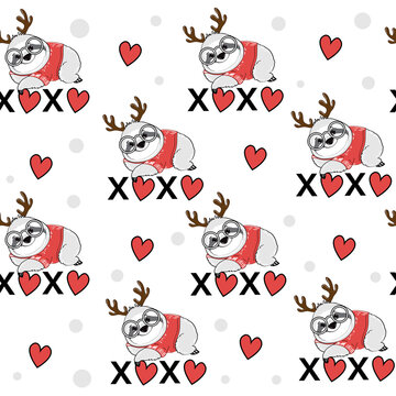 Vector illustration with christmas sloth with deer antlers and inscription xo xo seamless pattern