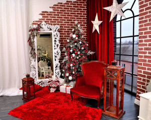 Christmas decoration interior in red with white ornament mirror and new year tree. Translation: 