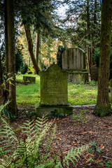 alter Grabstein auf einem Waldfriedhof im Herbst