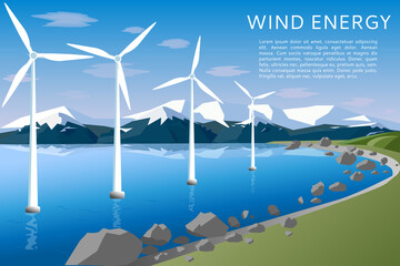 Windmills on the water near the beach, mountains and rocks. Renewable, alternative wind energy concept. Vector illustration, flat style