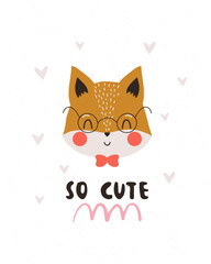 Cute catoon fox on white background for kids. Beautiful nursery room poster tempale with cute baby fox. Vector fox illustration