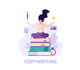 Successful woman sitting on books, writing or editing a text, invents idea. Concept of copywriting, journalism, writing, copyright idea, blogging, smm, management. Vector illustration in flat design.