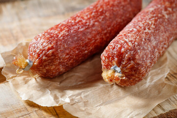 Salami sausage - a type of hard cured sausage made from fermented and dried meat