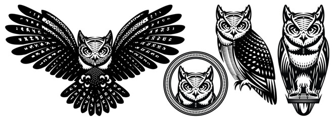 A set of owls in different positions. Vector monochrome illustration. Templates for design, tattoo, print, advertising poster