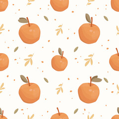 Vector seamless pattern. Cartoon hand-drawn apples, leaves, decorative twigs, and abstract dots. Juicy fruits with texture, healthy food, baking. Vintage cozy background. Textile print, wrapping paper