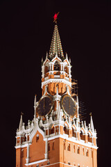 Spasskaya tower of Kremlin in red square, night view. Moscow, Russia.