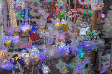 Led Christmas decorations on the market. For sale on Christmas fair.