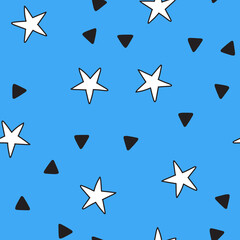 Stars and triangles doodles seamless pattern. Background texture.