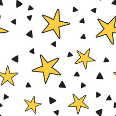 Stars and triangles doodles seamless pattern. Background texture.