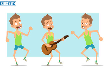 Cartoon flat funny sport boy character in green shirt and shorts. Kid jumping, dancing and playing on guitar. Ready for animation. Isolated on blue background. Vector set.