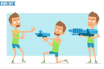 Cartoon flat funny sport boy character in green shirt and shorts. Kid angry, scared and shooting from water pistol gun. Ready for animation. Isolated on blue background. Vector set.