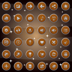 Wooden buttons and symbol icons with silver frame isolatedset design for game or web. Vector illustration.