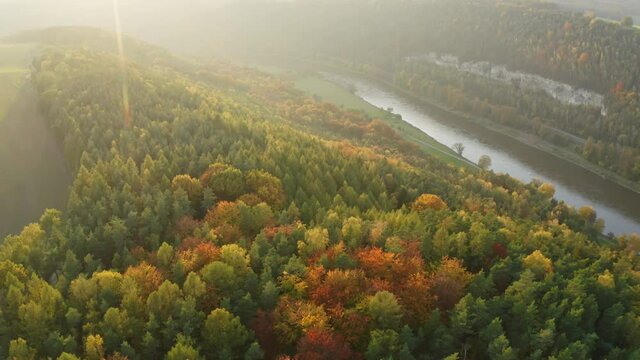 aerial flight over colorful trees and river Elbe in Saxon Switzerland, Germany