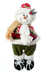 Toy snowman in a red hat and sweater. Isolated on white background