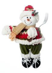 Toy snowman with a fork in a red hat and sweater. Isolated on white background