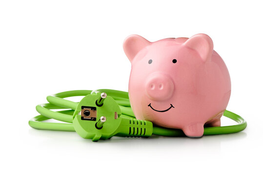 Energy Saving - Piggy bank and green cable with plug