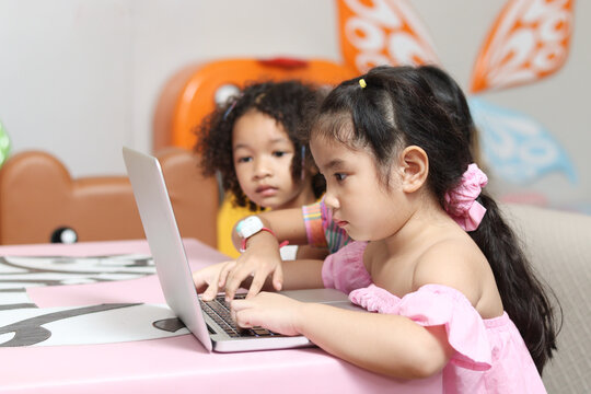 Kids With Laptop Computer, Distance Learning Online Education At Home,  New Generation Of Goals For Study Technology Education