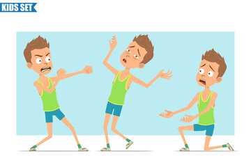 Cartoon flat funny sport boy character in green shirt and shorts. Kid fighting, standing on knee falling back unconscious. Ready for animation. Isolated on blue background. Vector set.