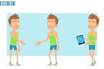 Fototapeta premium Cartoon flat funny sport boy character in green shirt and shorts. Kid shaking hands and holding new smart tablet. Ready for animation. Isolated on blue background. Vector set.