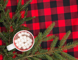 pine branches and mug of hot chocolate on buffalo plaid background