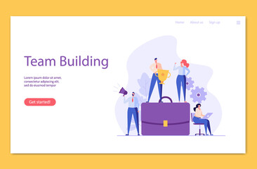 People standing on briefcase with reward cup, shout, laptop. Concept of teambuilding, successful teamwork, corporatism, workflow, brainstorm, help each other. Vector illustration in flat design