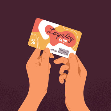 Flat vector illustration of hands holding loyalty club plastic card. Discount offer, gift for shopping.