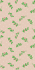 Christmas background with tree branches and snowflakes. Vector seamless pattern with mistletoe.