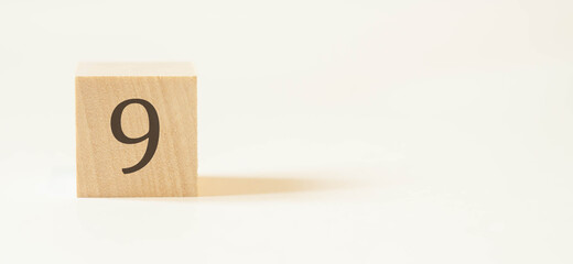 Number nine on a wooden cube with a white background.