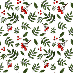 Vector seamless pattern with branches of rowan on gray background. Hand drawn repeated background for textile, wrapping paper, greeting card and invitation of seasonal fall holidays