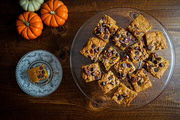 Pumpkin blondies with chocolate chips and pecans